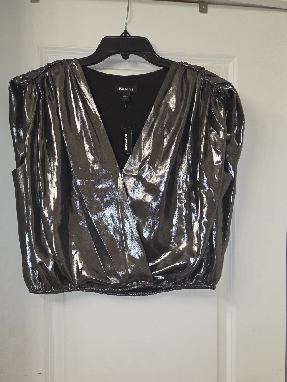 Express Metallic Gunmetal Wrap Crop Top